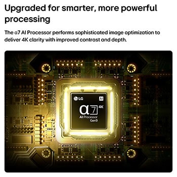 LG NANO 4K UHD AI nu70’s alpha 7 AI Processor 4K Gen9 glows at the center of a yellow circuit board, highlighting smarter, more powerful AI processing that enhances 4K image clarity with improved contrast and depth.